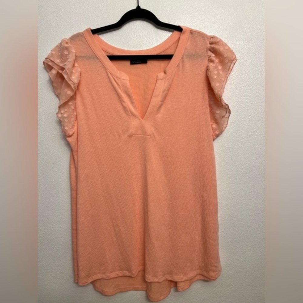 Lane Bryant Peachy Orange Blouse with Sheer Polka Dot Sleeves NWOT